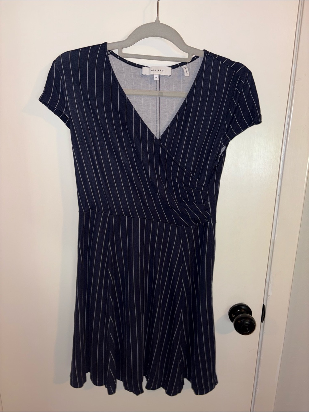 Lark & Ro Navy Pinstripe Wrap-Front Midi Dress